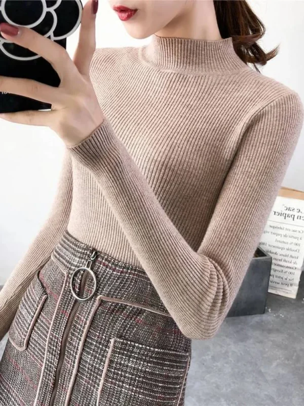 Autumn Winter Mock Neck Women Sweater Vintage Basic Solid Knitted Tops Casual Slim Pullover Korean Sweaters Simple Chic Jumpers - Image 12