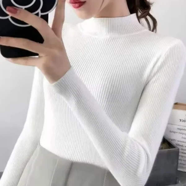 Autumn Winter Mock Neck Women Sweater Vintage Basic Solid Knitted Tops Casual Slim Pullover Korean Sweaters Simple Chic Jumpers - Image 11