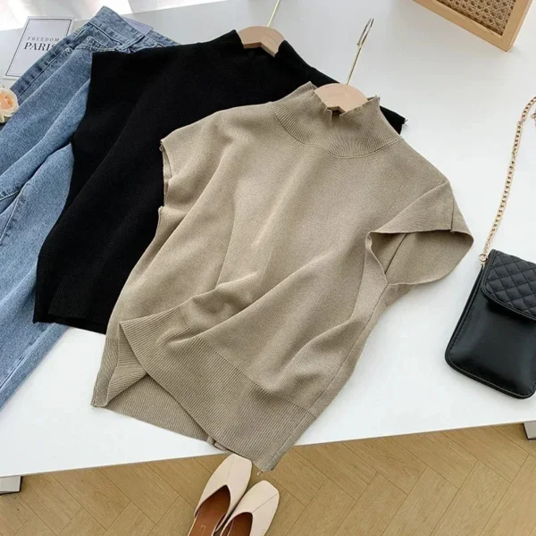 Short Sleeve Casual Knitted Stand-up Collar New Fashion Solid Women Blouse Elegant Office Lady Shirt Loose Top Chic Blusas 20397