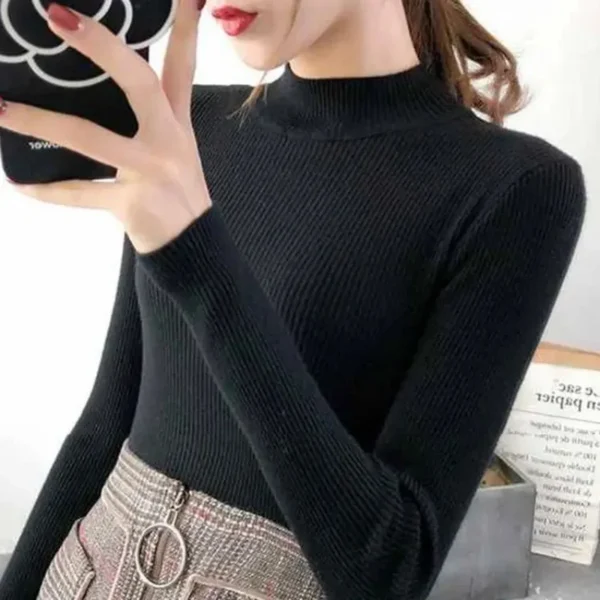 Autumn Winter Mock Neck Women Sweater Vintage Basic Solid Knitted Tops Casual Slim Pullover Korean Sweaters Simple Chic Jumpers - Image 6