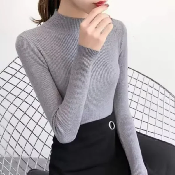 Autumn Winter Mock Neck Women Sweater Vintage Basic Solid Knitted Tops Casual Slim Pullover Korean Sweaters Simple Chic Jumpers - Image 8