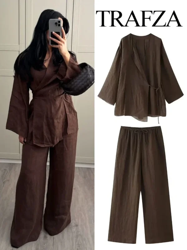 TRAFZA Women's Summer Fashion Linen Solid Color Shirt Set Belted Cardigan Kimono Top + High Waist Women's Pleated Pants 2-piece - Image 3