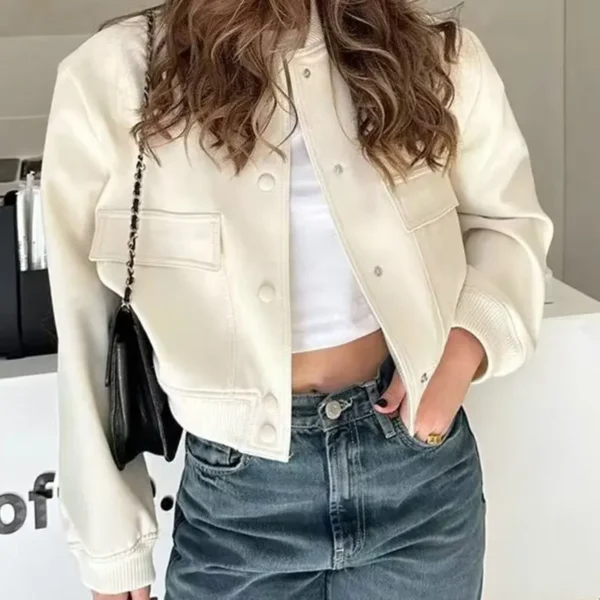 2024 Woman Bomber Jacket Coat White Autumn Winter Button Baseball Aviator Cropped Jackets For Women Long Sleeve Crop Outerwear - Image 4