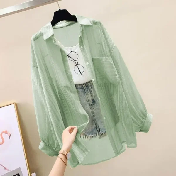 Summer Sunscreen Shirt Elegant Perspective Thin Chiffon Blouse Korean Harajuku See Through Loose Top Casual Women's Cardigan - Image 5