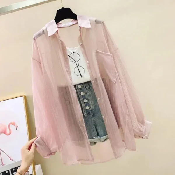 Summer Sunscreen Shirt Elegant Perspective Thin Chiffon Blouse Korean Harajuku See Through Loose Top Casual Women's Cardigan - Image 3