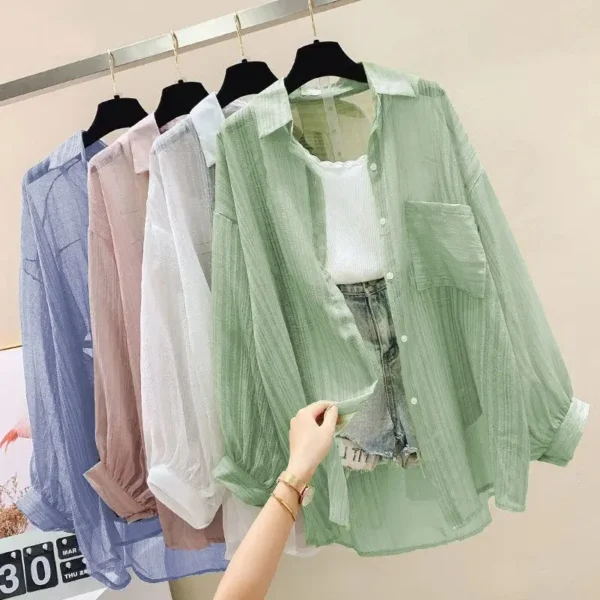 Summer Sunscreen Shirt Elegant Perspective Thin Chiffon Blouse Korean Harajuku See Through Loose Top Casual Women's Cardigan - Image 2