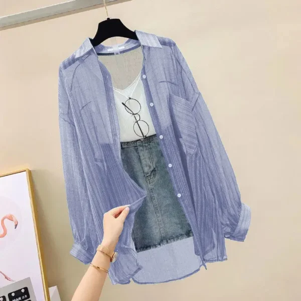 Summer Sunscreen Shirt Elegant Perspective Thin Chiffon Blouse Korean Harajuku See Through Loose Top Casual Women's Cardigan - Image 7