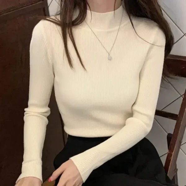 Autumn Winter Mock Neck Women Sweater Vintage Basic Solid Knitted Tops Casual Slim Pullover Korean Sweaters Simple Chic Jumpers - Image 7